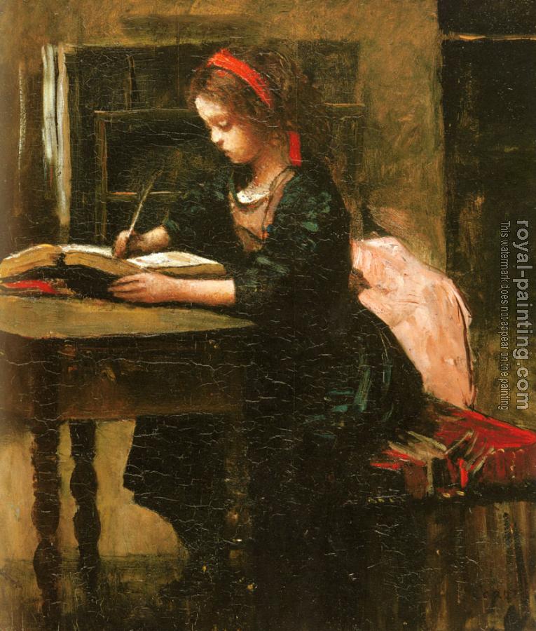 Jean-Baptiste-Camille Corot : Fillette a l'etude, en train d'ecrire